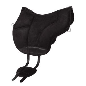 Black treeless saddle – angled rear side view