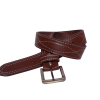 Elegant handmade leather belt rolled with visible stitching