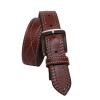 Ceinture artisanale en cuir marron avec surpiqûres décoratives blanches et boucle en laiton