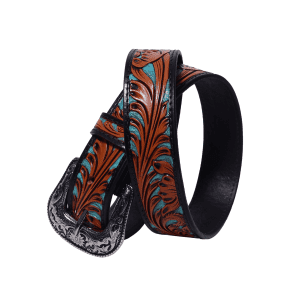 Ceinture en cuir fabriquée à la main avec des motifs floraux turquoise et marron et une boucle western en argent.