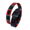 Ceinture artisanale en cuir avec motif géométrique tissé rouge et vert