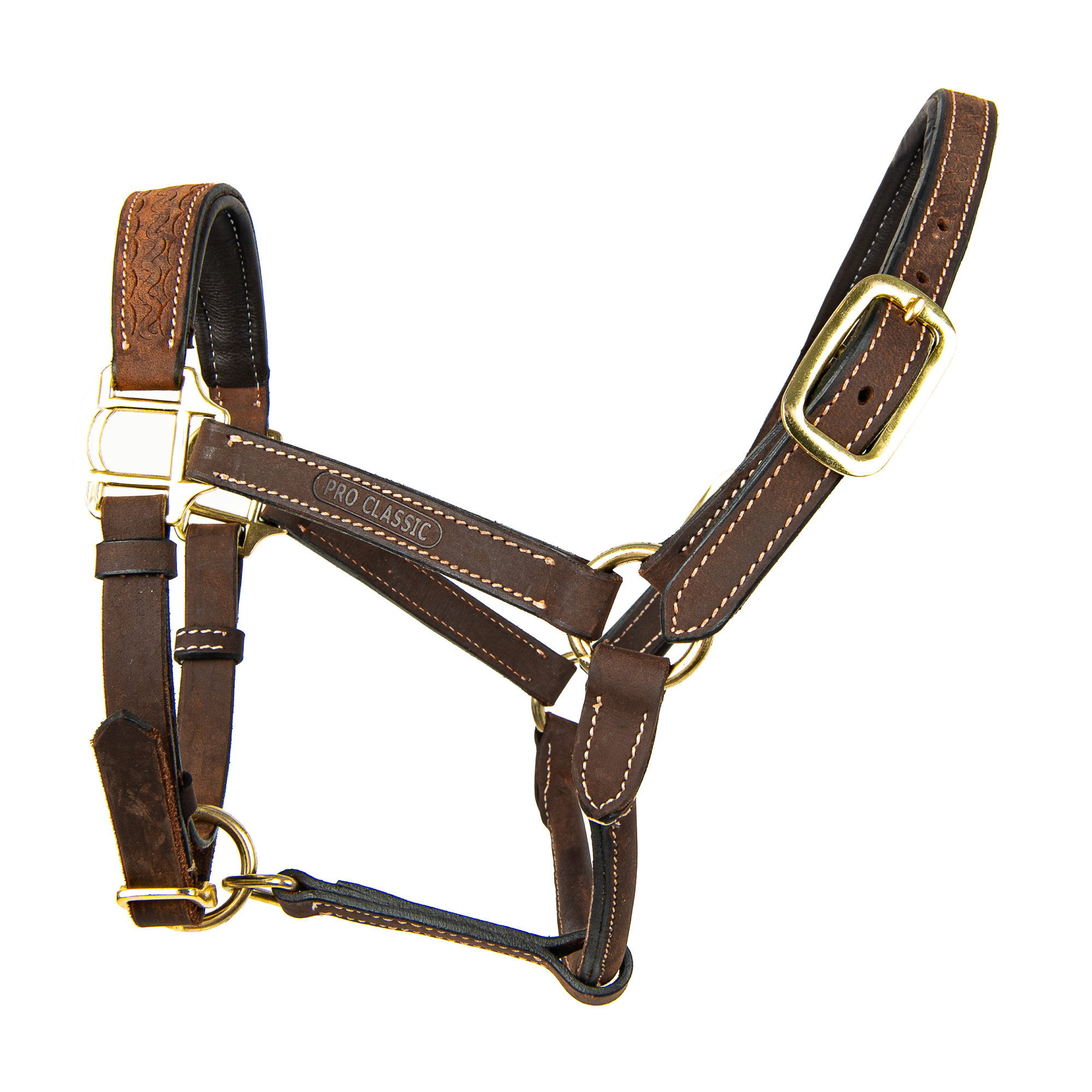 Premium brown leather horse halter with gold buckles and reinforced stitching – side view