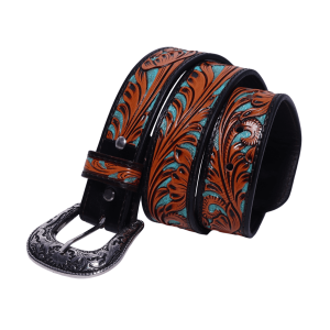 Ceinture roulée et fleurie en turquoise et marron avec boucle antique
