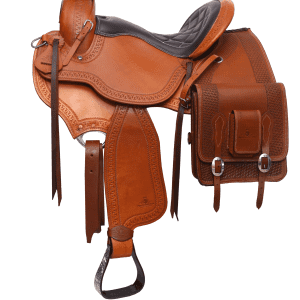 Selle western artisanale avec sacoche en cuir tolélé - finition châtaigne