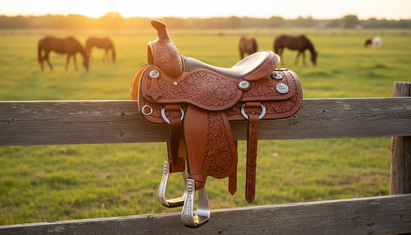 Handcrafted western leather saddle with hand-tooled floral patterns and silver conchos on a wooden fence rail at sunset – Pro Classic Ltd