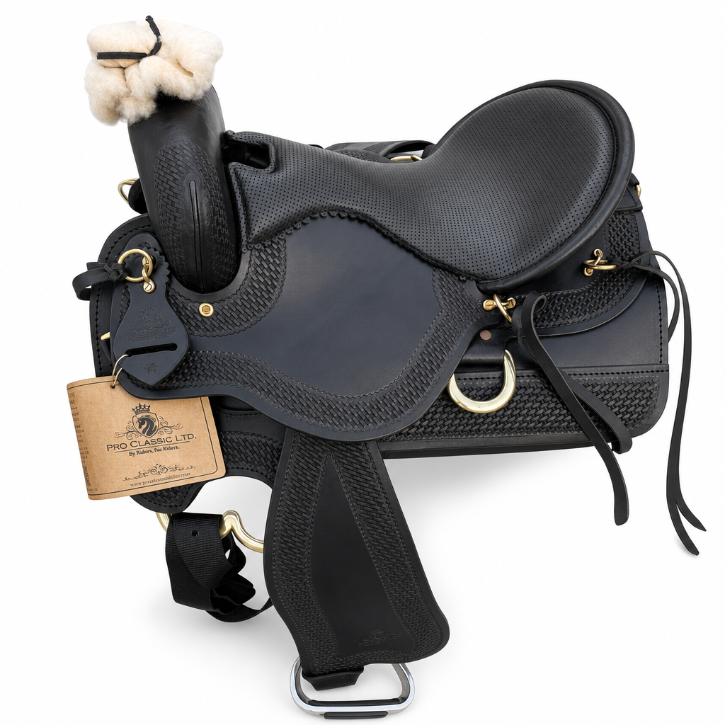 Black MARATHON saddle by Pro Classic with breathable perforated seat and copper rings